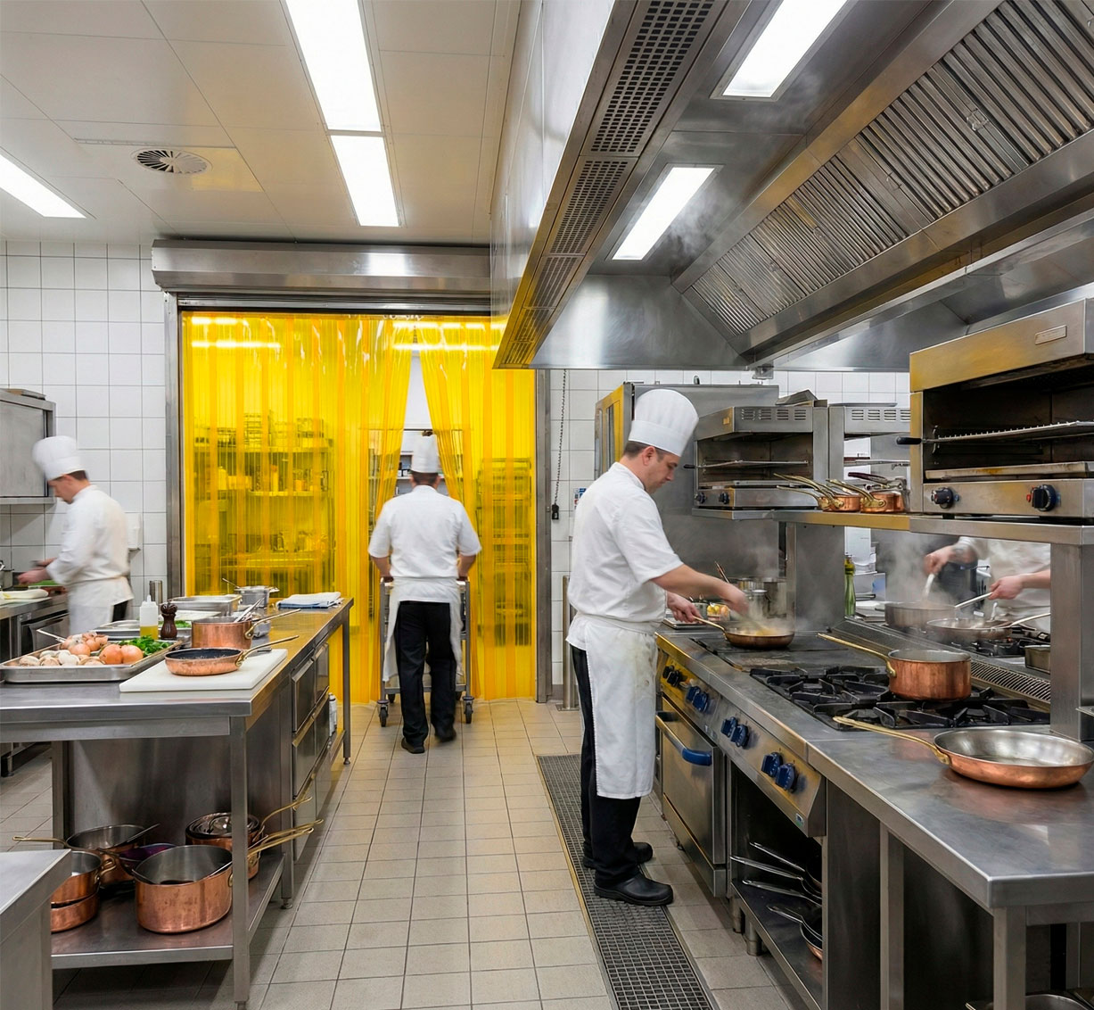 Detalle de lamas PVC amarillas en acceso a cocina Cortina de lamas PVC antiinsectos instalada en puerta de cocina industrial